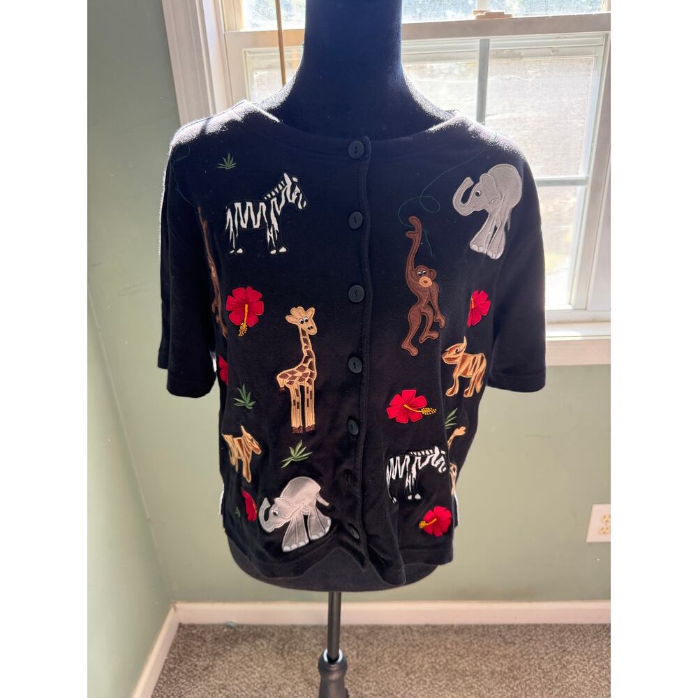 VTG 90s Bechamel Petites Safari Animal Embroidered Cardigan PM Black Cotton